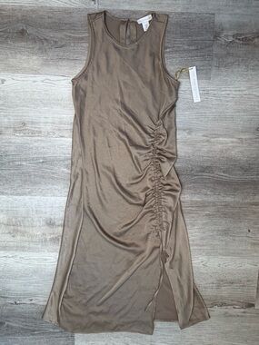 House of Harlow 1960 Sleeveless Ruched Midi Dress in Taupe Women’s M NWT FLAWED